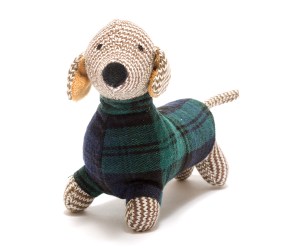 Tartan coat sausage dog rattle